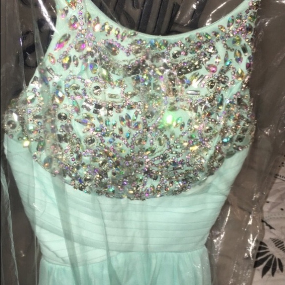 rhinestone mint green prom dress